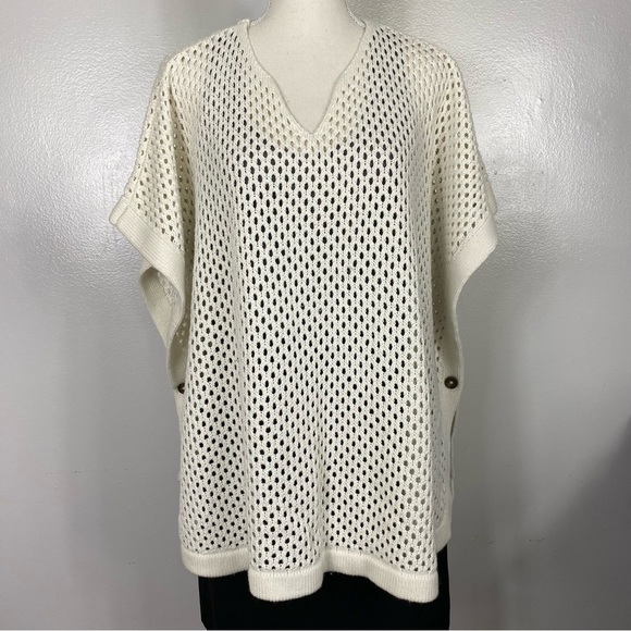 TALBOTS Open Knit V Neck Poncho Sweater Medium White Pullover - Picture 2 of 8